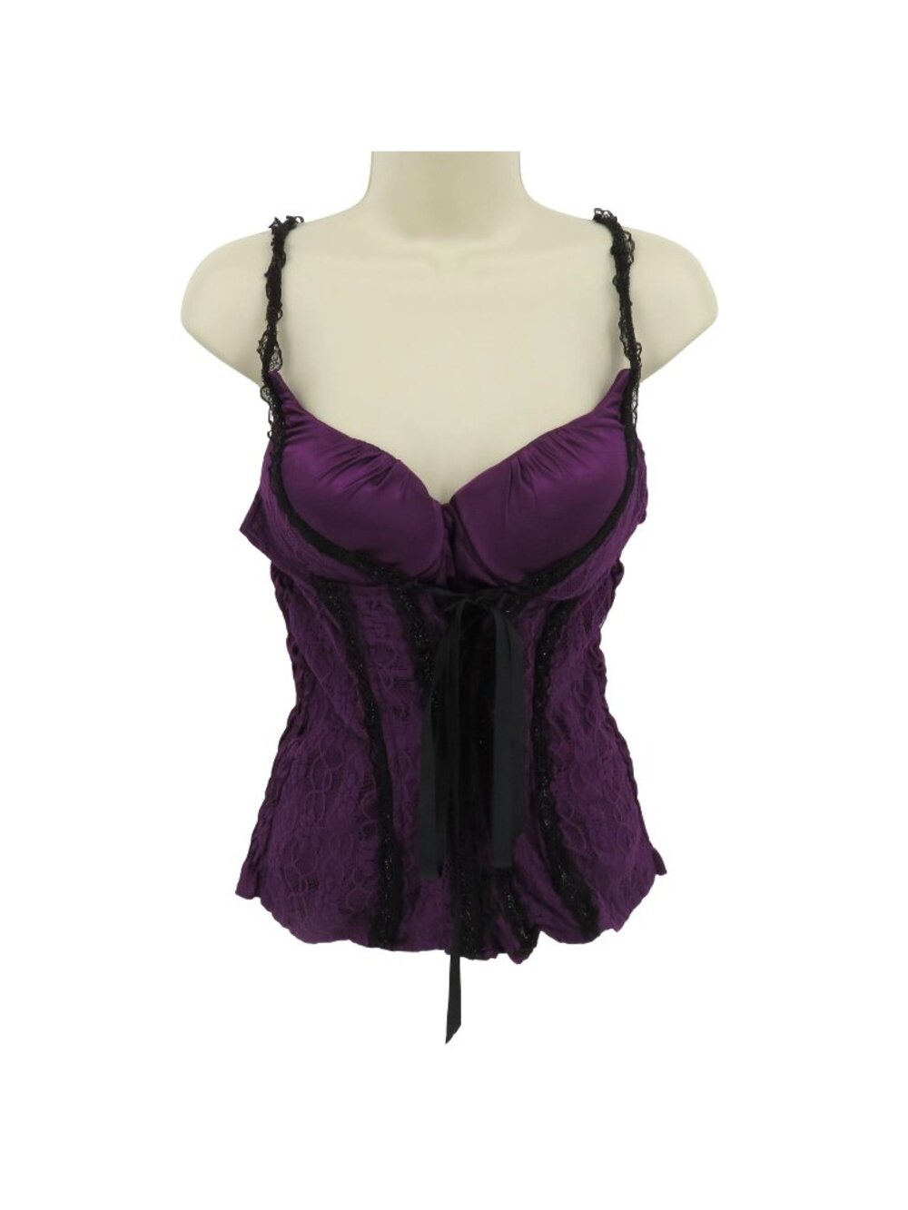 Y2K Charlotte Russe Junior Large Purple Black Ruched Satin Lace Tank Top 2000s
